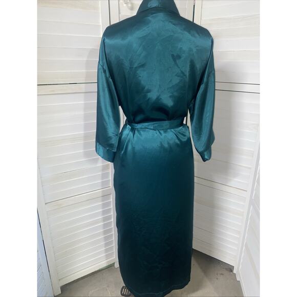 Vintage Dentelle Green Satin Full Length Robe Tie Waist Silky Bath Medium - Picture 5 of 9